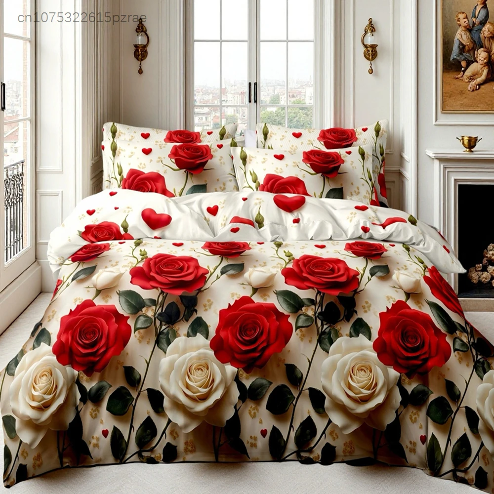 Red White Rose Floral Bedding Set Romantic 3D Print Duvet Cover Pillowcase Breathable Wrinkle-Free For Valentine Bedroom Decor