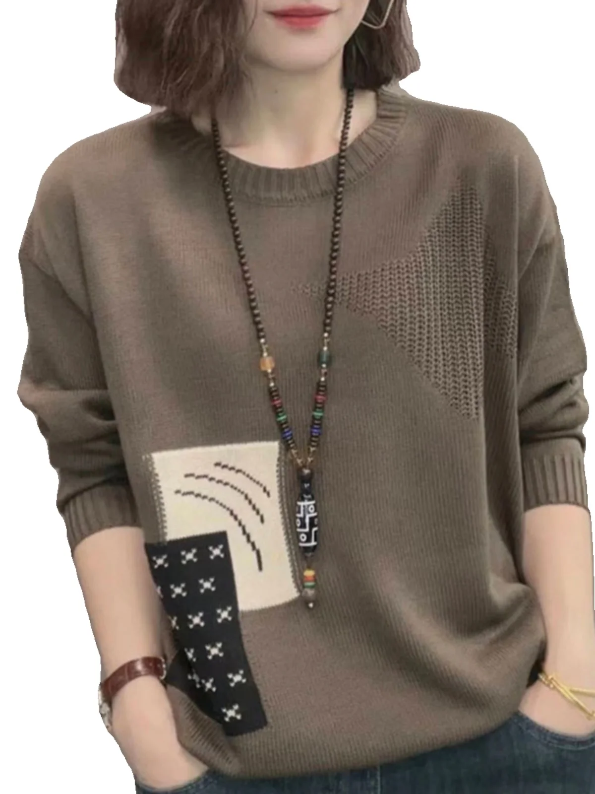 Loose O-Neck Contrast Color Women\'s Knitted Sweater Autumn Winter Fashion Vintage Patchwork Office Lady Casual Versatile Tops