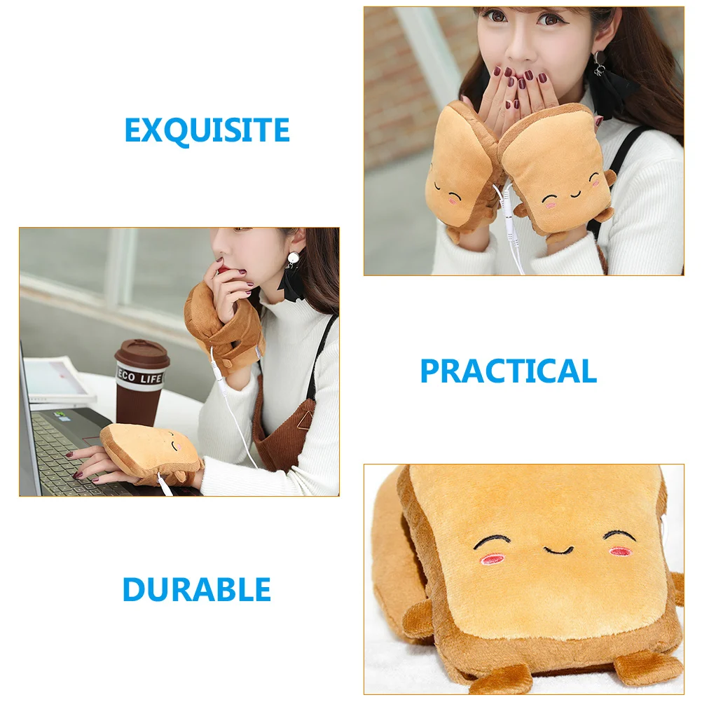 

1 Pair Usb Heated Gloves Cartoon Bread Design Touchscreen Compatible Warm Thickened Mittens For Winter Outdoor Sports Cycling