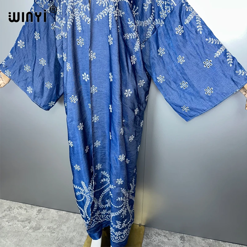 WINYI bestickte Denim-Hohlstrickjacke für Damen, Mantel, langes Kleid, elegante Party, Boho, Maxi, Strand, Urlaub, Schwimmen, Vertuschung, Kimono