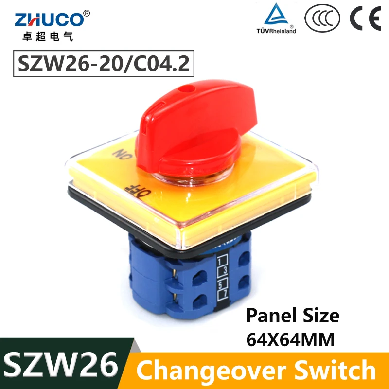 ZHUCO SZW26/LW26-20 C04.2 660V 20A Two Position OFF-ON 8 Screws Manual Transfer Universal Changeover Cam Switch 64X64 mm Panel
