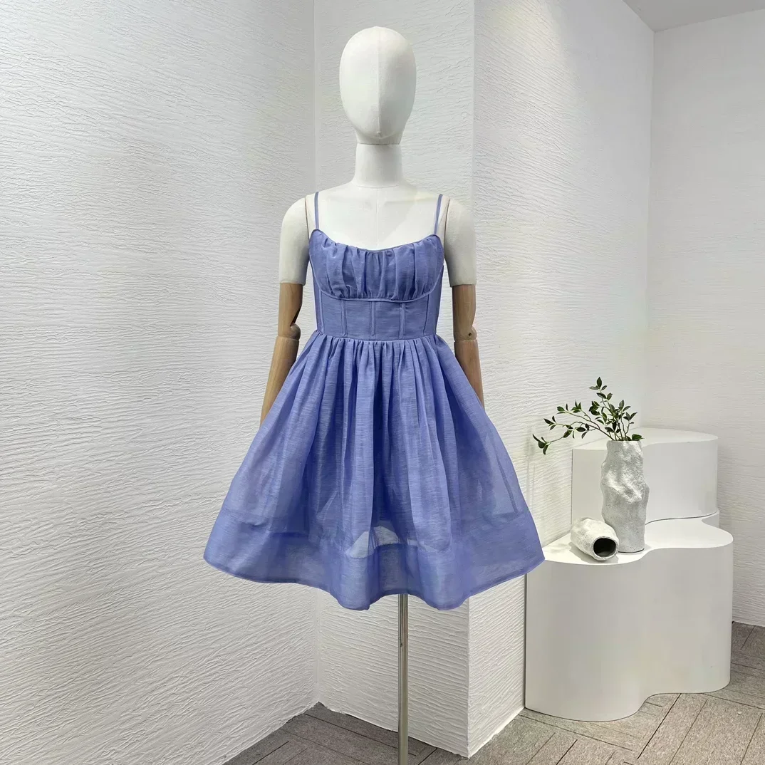 

New Collection Linen Silk 2024 Summer Blue Sleeveless Pleats High Quality Solid Women Camisole Mini Dress