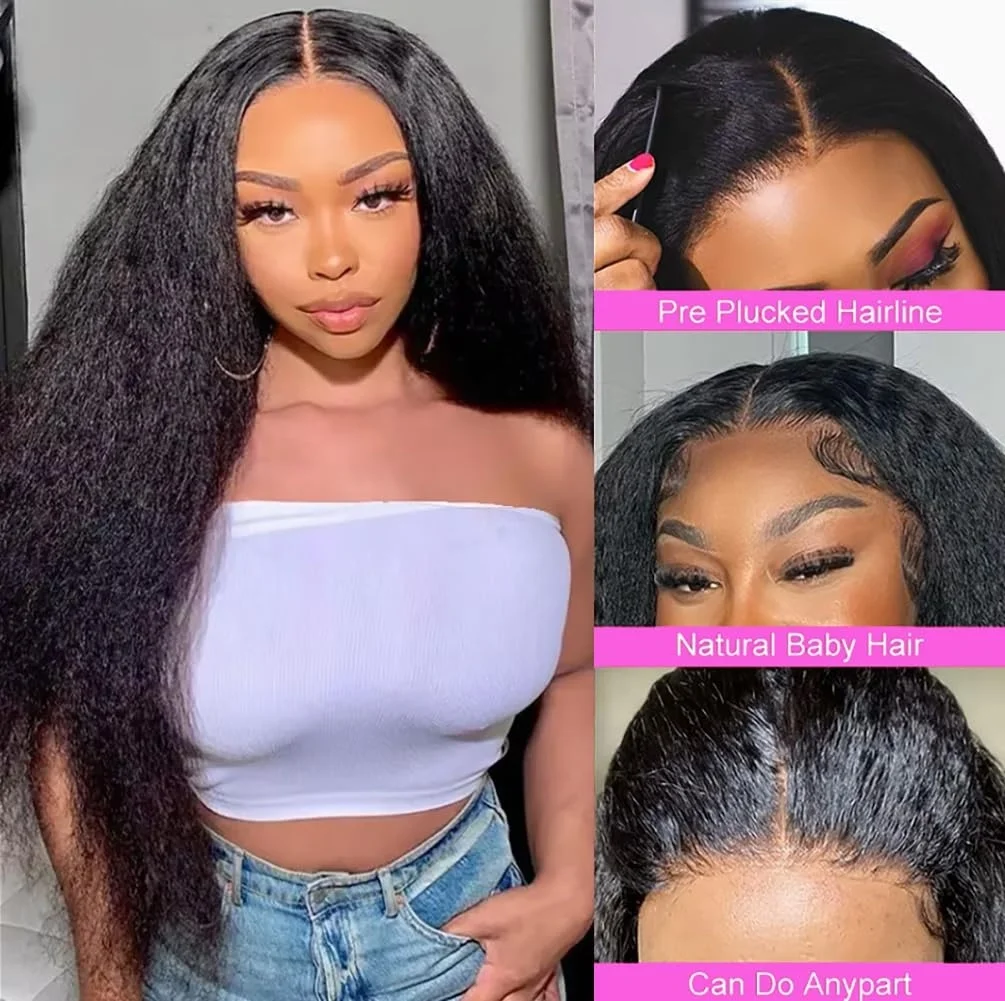 

13×4 Kinky Straight 5×5 Lace Front Human Hair Wigs Natural Color Pre Plucked 220Density Lace Frontal Wig For Women Transparent1B