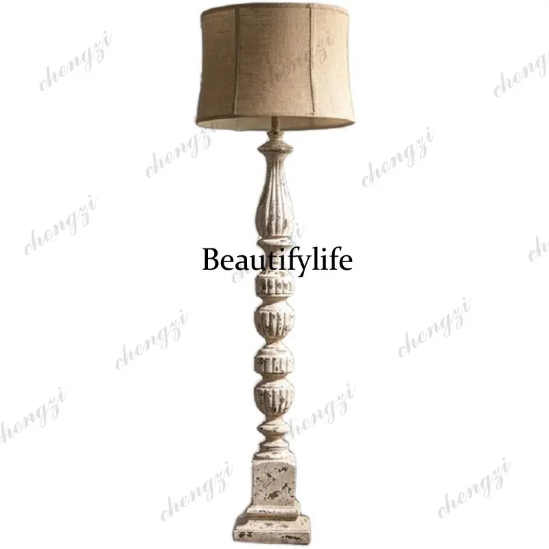 American retro wood carving weathered solid wood old villa living room hotel restaurant light luxury decorative floor lamp
