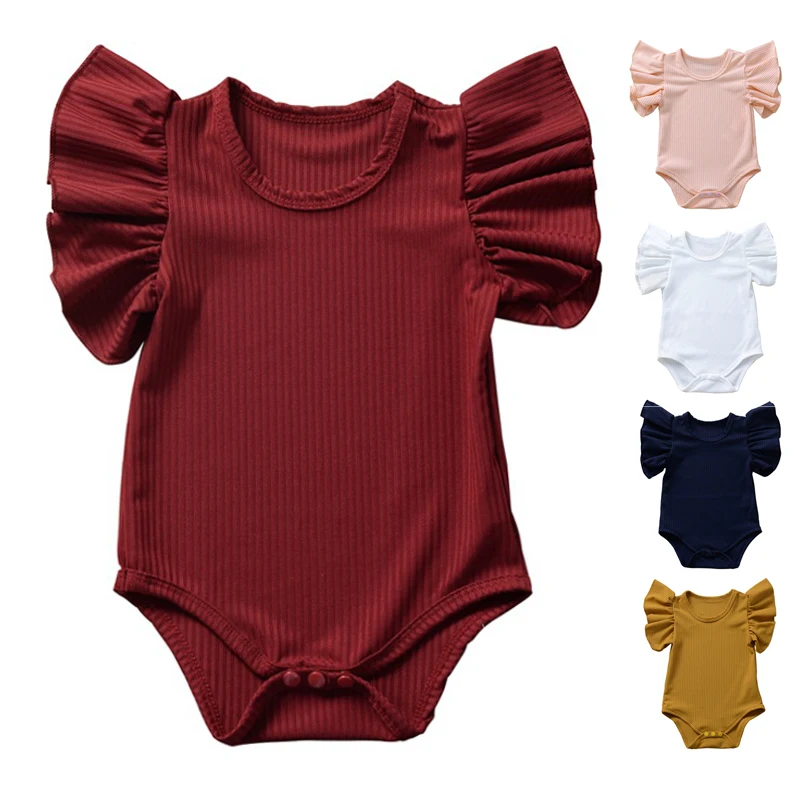 

0-18month Summer Newborn Baby Girls Ruffles Romper Short Sleeve Jumpsuit Ribbed Knitted Baby Girl Triangle Climbing Suit Clothes