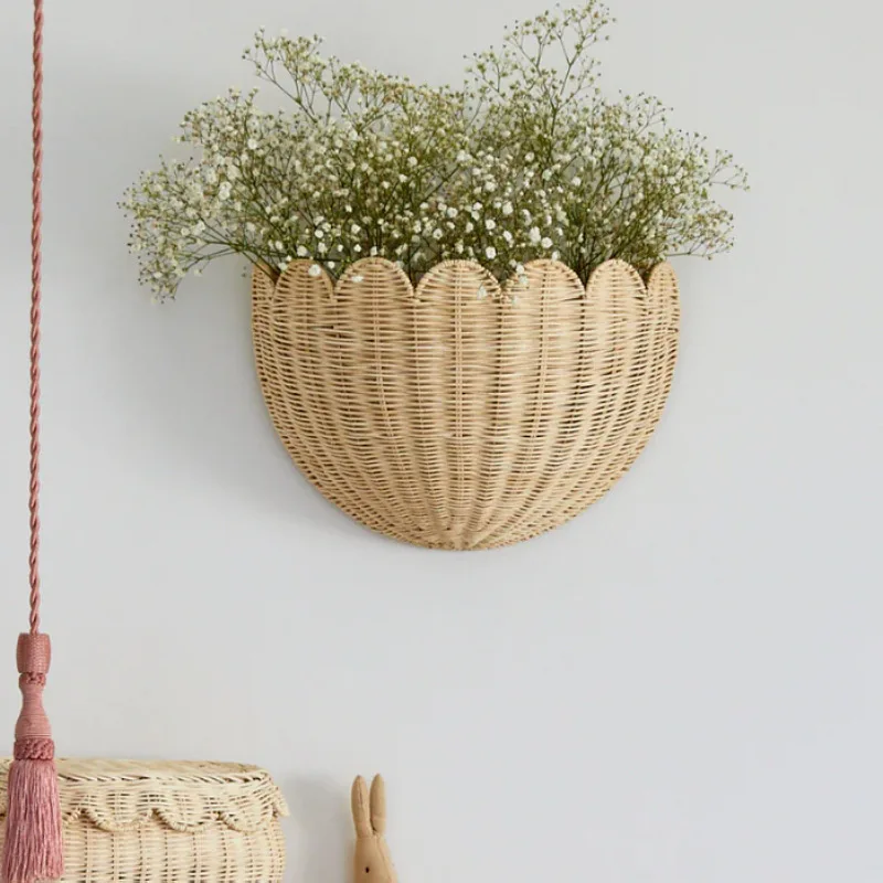 Pastoral rattan wall hanging key storage basket home decoration hand woven basket