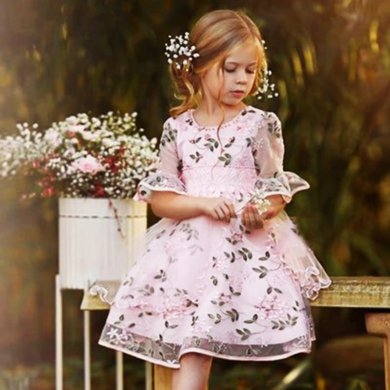 Girl Flower Embroidery Elegant Dress Kids Half Sleeve Birthday Party Clothes Child Formal Christmas Costume Pink Gray Vestido