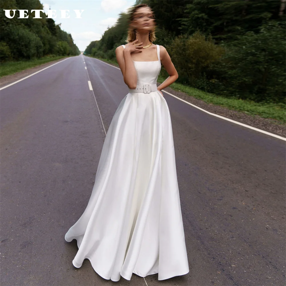 

UETEEY Customized Simple Square Neck Sleeveless A Line Wedding Dress Women Elegant Satin Zipper Dress Court Train Bridal Gown