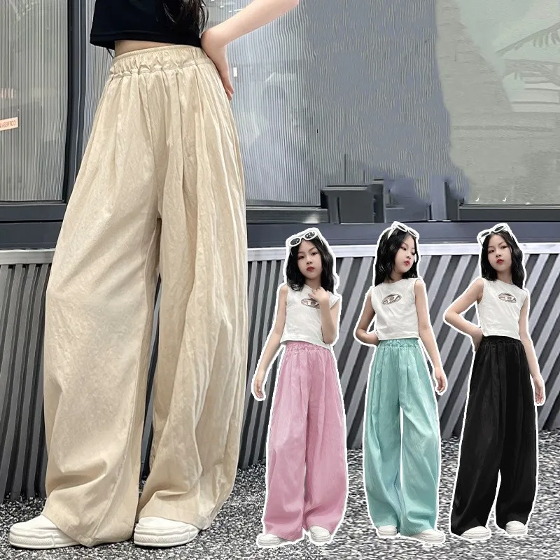 Summer New Girls Fashion Loose Casual Trousers Teenage Solid Colour Thin Section High Waist Simple Children's Trousers 5-14Y