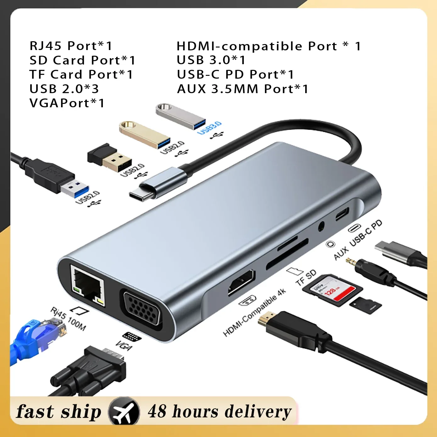 Adaptor Laptop USB Tipe C, HUB USB C Splitter ke HDMI 4K thunderbolt 3 stasiun Dok dengan PD SD TF RJ45 untuk Macbook Air M1 iPad Pro