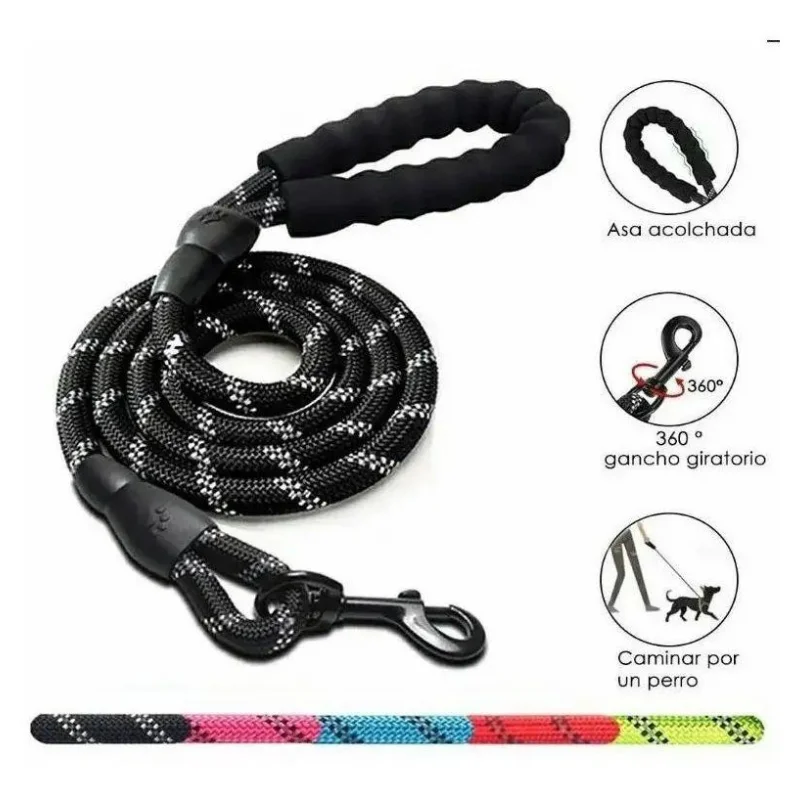 1Pc 1.5m Reflective Traction Rope Safety For Dogs Padded Handle 360° Rotating Anti-Tangle Comfortable Hold Rope Thickness Black