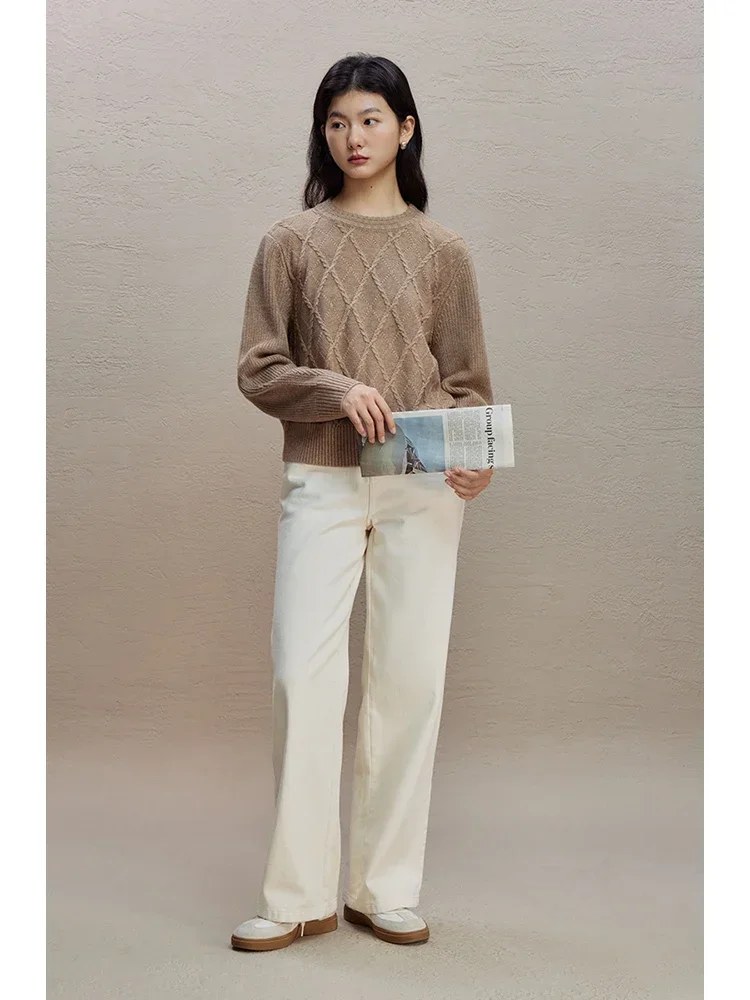 ZIQIAO Vintage Versatile Round Neck Cable Knit Sweater for Women 2023 Autumn Winter Retro Style Loose Pullover Sweater Female