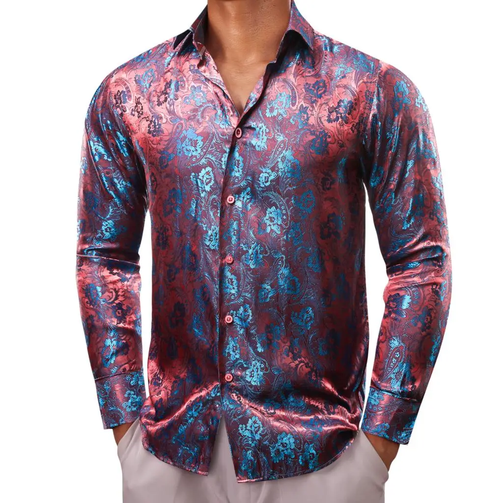 Luxury Shirts for Men Embroidered Silk Red Teal Floral Shine  Long Sleeve Slim Fit Male Blouses Tops Breathable Clothing