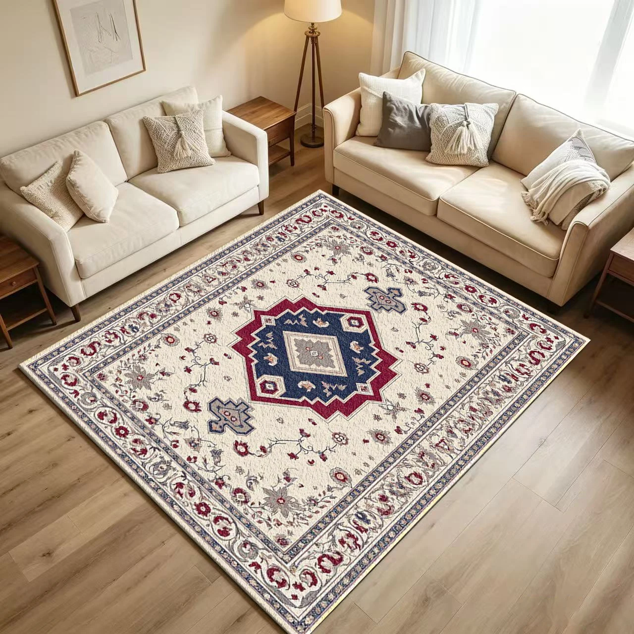 Vintage Oriental Medallion Carpet Flooring Traditional Ethnic Floral Border Printed Floor Rug for Household Living Room Home Interior Decor