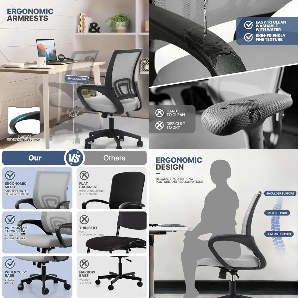 

Пара эргономичных поворотных офисных кресел со средней спинкой и поясничной поддержкой, удобные для домашнего офиса и игр, светло-серые