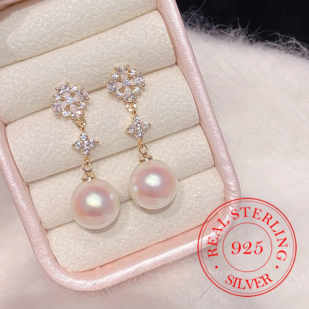 

925 Sterling Silver Jewelry Luxury Crystal Tassel Pearl Stud Earrings for Women Wedding Party Jewelry for Girls Friend Gift