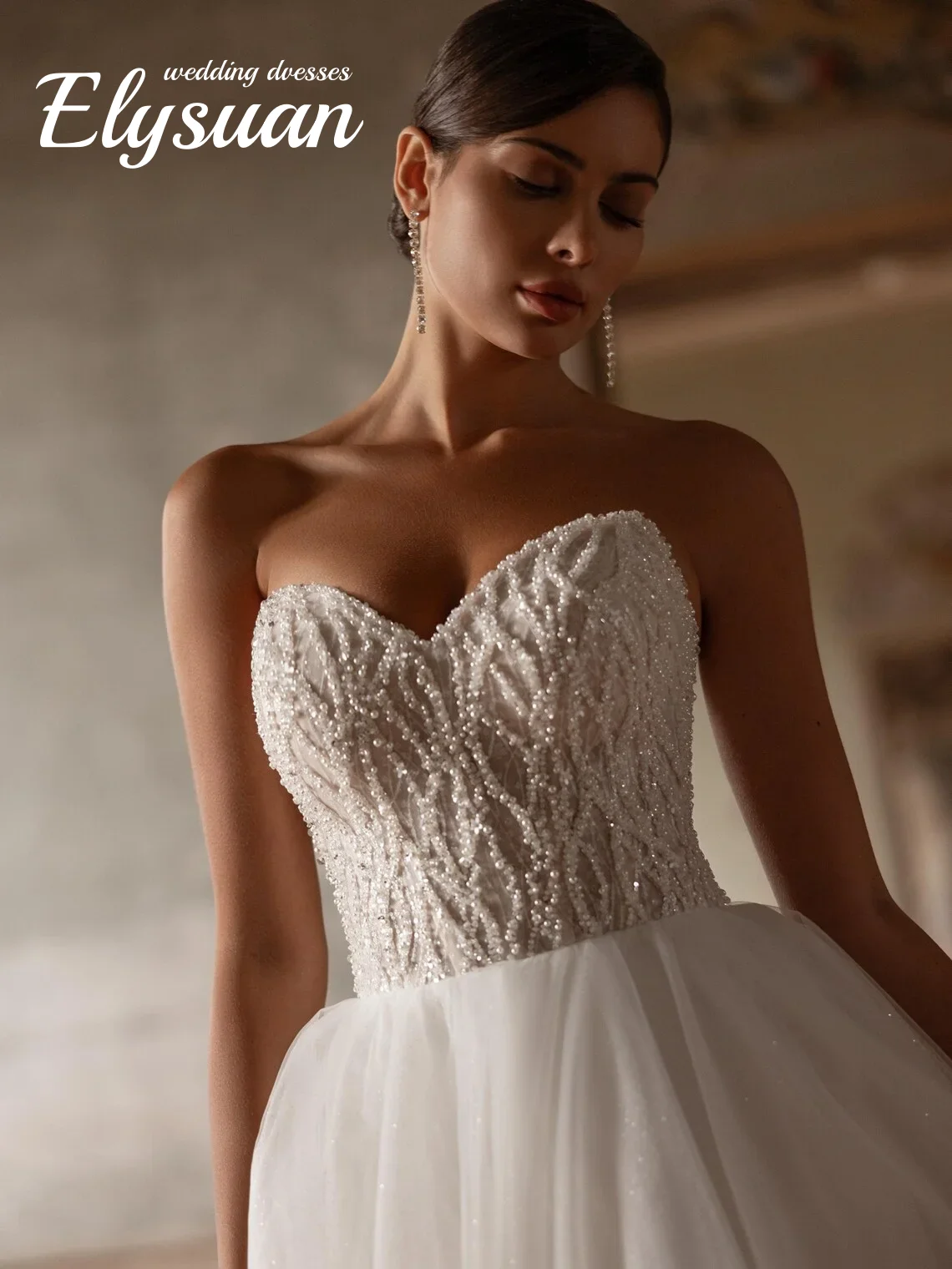 تخصيص أنيقة قبالة الكتف فستان الزفاف الكرة الأميرة الترتر الدانتيل مشد ضيق كم طويل فستان الزفاف