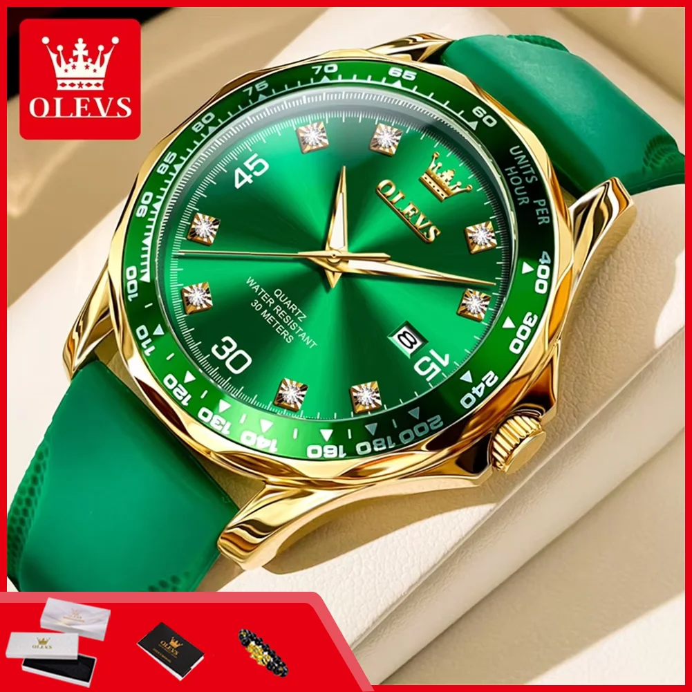 Reloj de Cuarzo de Marca de Lujo OLEVS 9988 para Hombre, Correa de Silicona, Resistente al Agua, Luminoso, Fecha Automática, Serie Green Water Ghost, Relojes para Hombre