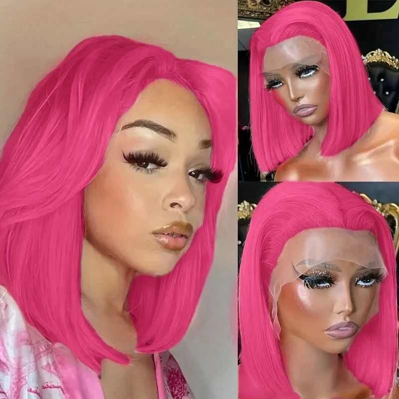 

200 Density Straight Lace Front Human Hair wig Short Transparent 13x4 Bob Lace Frontal Wigs Hot Rose Wig