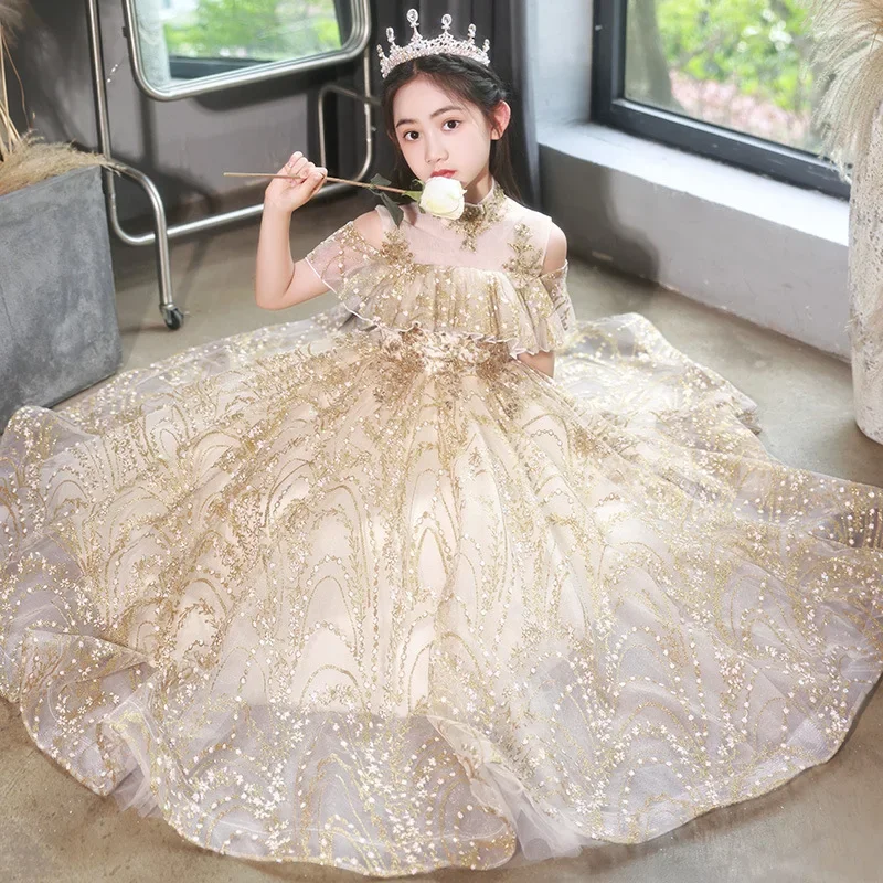 Fashion champagne colored flower girl summer new style birthday fluffy veil host girl piano performance costume