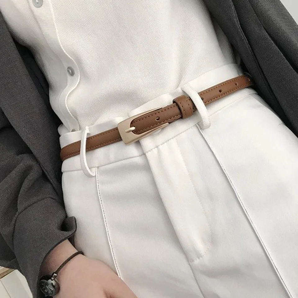 

2024 New Genuine Leather Belt Narrow Korean Edition Literary Women's Travel Shopping Brand Design Needle Button Jeans Belt Black