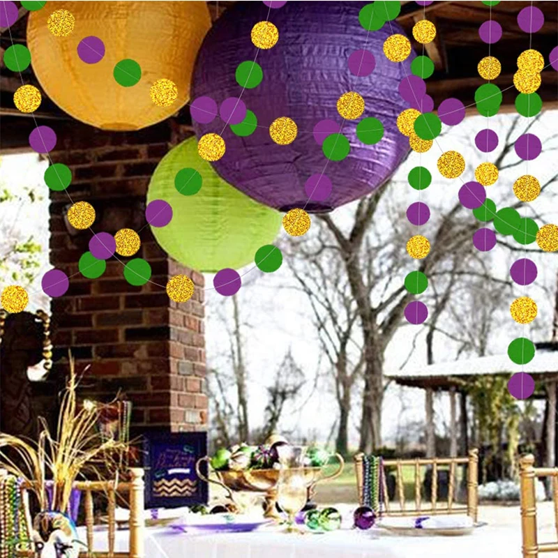 Green Gold Purple Mardi Gras Backdrop Fat Tuesday Tinsel 3Pack Foil Fringe Curtain 4Pcs Circle Dot Garland Birthday Decorations