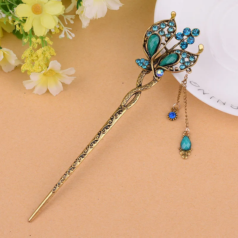 Women Elegant Hair Stick Butterfly Leaves Green Jade Classical Hairpin Barrette Accessories National Characteristics Headweard