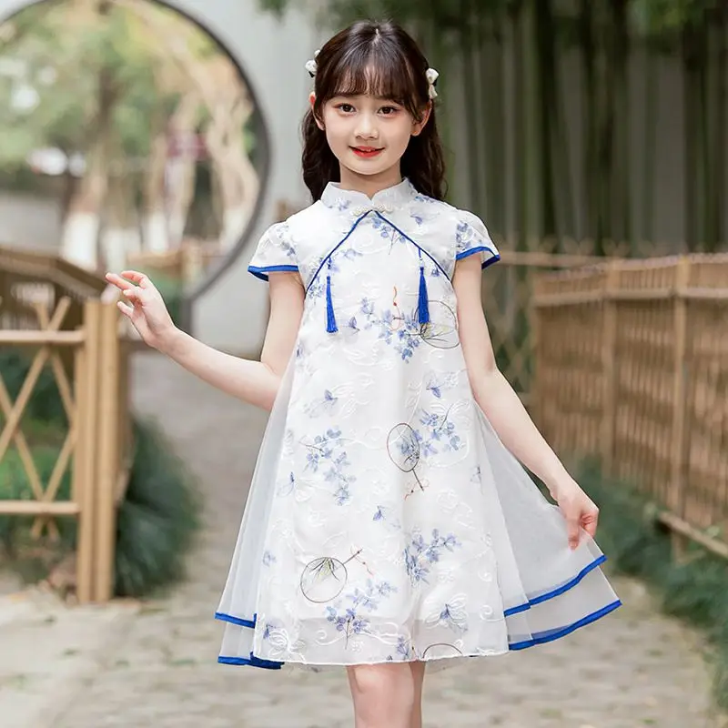 Summer Dresses Styles Cheongsams for Girls Traditional Chinese Embroidery Chiffon Qipao Dress for Children Tang Suit Costumes