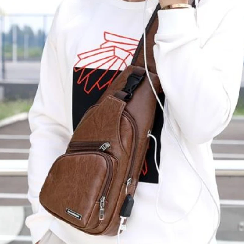 

Simple and Fashionable Casual Solid Color PU Multifunctional USB Charging Zipper MEN'S Chest Bag Crossbody Bag for Commuting