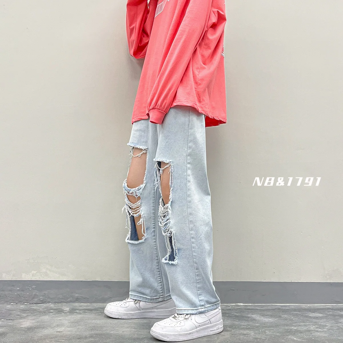 4 Colors New Summer Ripped Jeans Men Baggy Pants Casual Straight Soft Fashion High Street Hole Blue Wide Denim Trousers