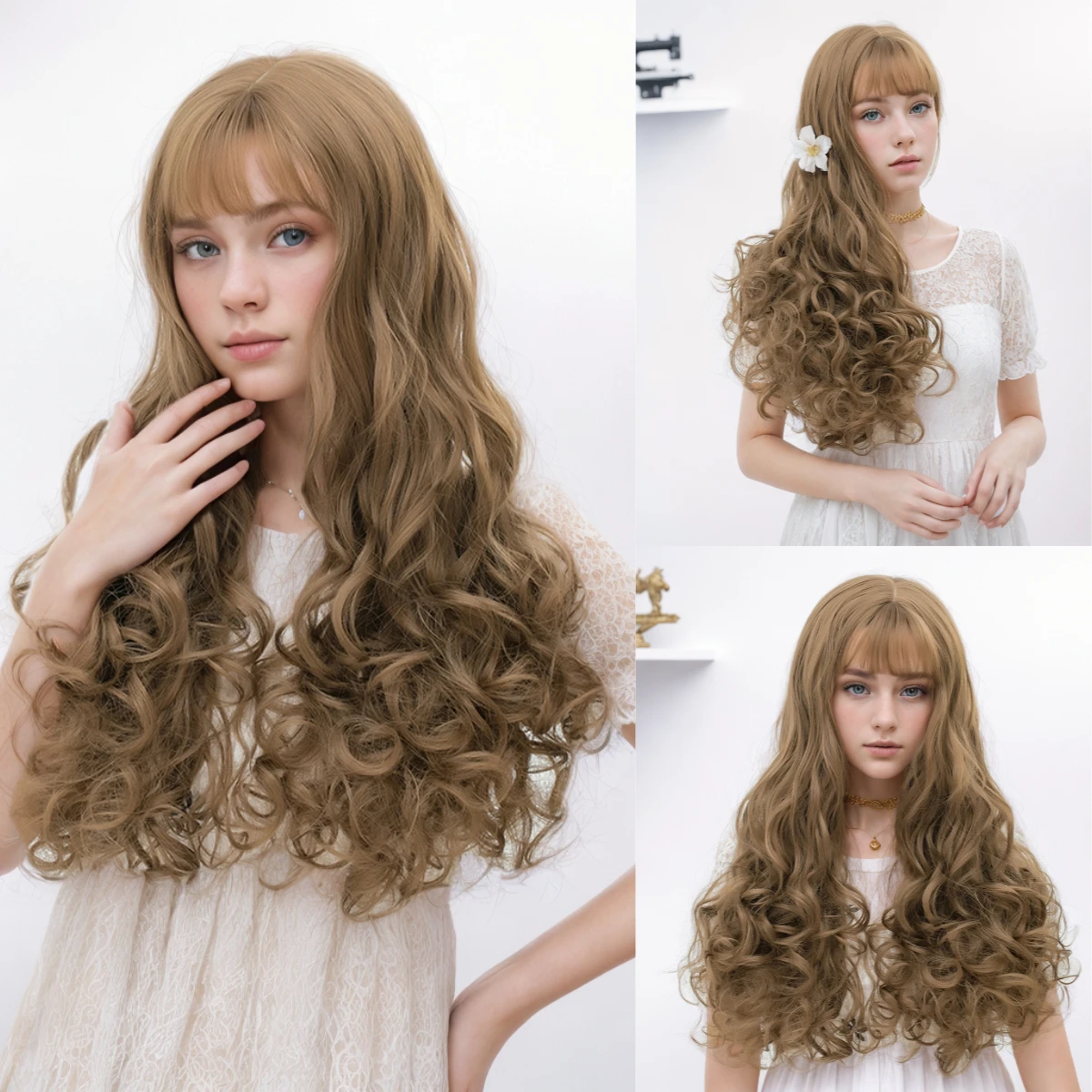 

Extra Long Wavy Synthetic Wig Warm Light Brown with Bangs for Cosplay & Daily Kawaii Fashion Fake Hair