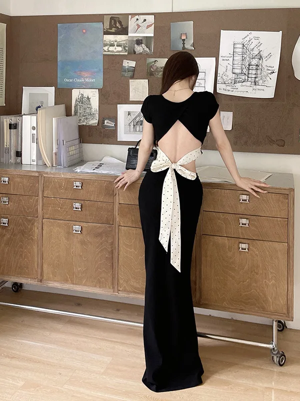 

Sexy Black 2 Piece Skirt Set Evening Dress Women Summer Square Neck Backless Bow Bandage Tops Bodycon Mermaid Skirt Party Gown