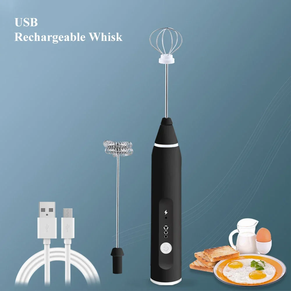 

USB Rechargeable Egg Beater Coffee Milk Drink Whisk Mixer 3-Speeds Heads Eggbeater Frother StirrerHandheld Food Blender Whisk