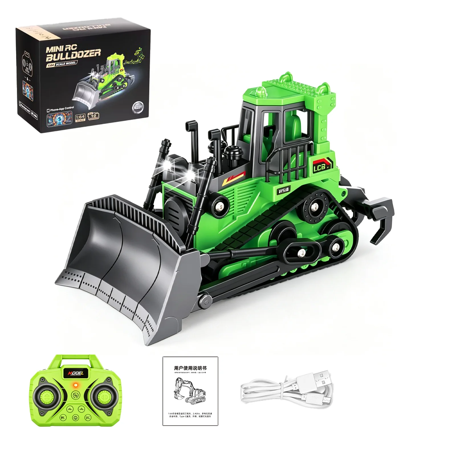 1:64 Mini RC Bulldozer Alloy 10‑Channel 2.4G Remote Control Engineering Car APP Dual Control Light Music Auto Demo Kids Toy Gift