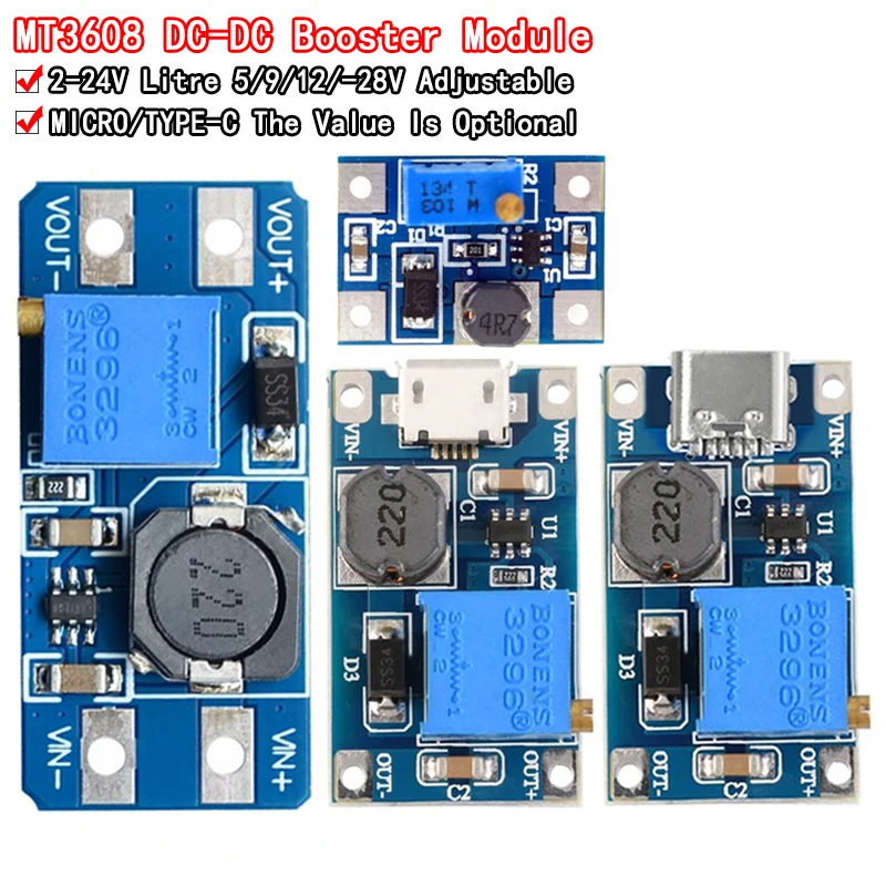 

MT3608 DC-DC Adjustable Boost Module 2A Boost Plate Step Up Module with MICRO USB 2V-24V to 5V 9V 12V 28V