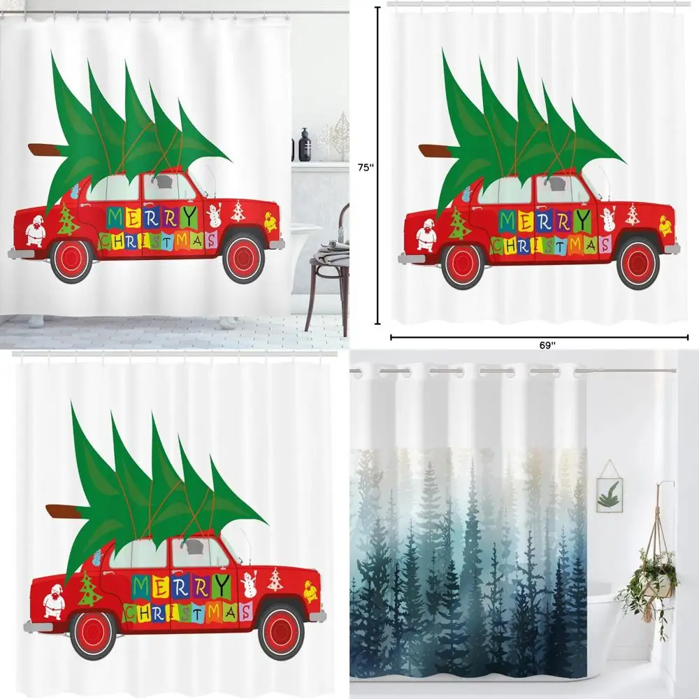 

Винтажная красная автомобильная рождественская занавеска для душа со снеговиком и эльфом, праздничным елкой и радостными словами на тканевом декоре для ванной комнаты