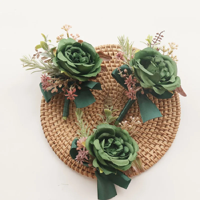 Suministros de boda para invitados, flor simulada para novio y novia, flor para el pecho, mano, Verde Europeo, 2421