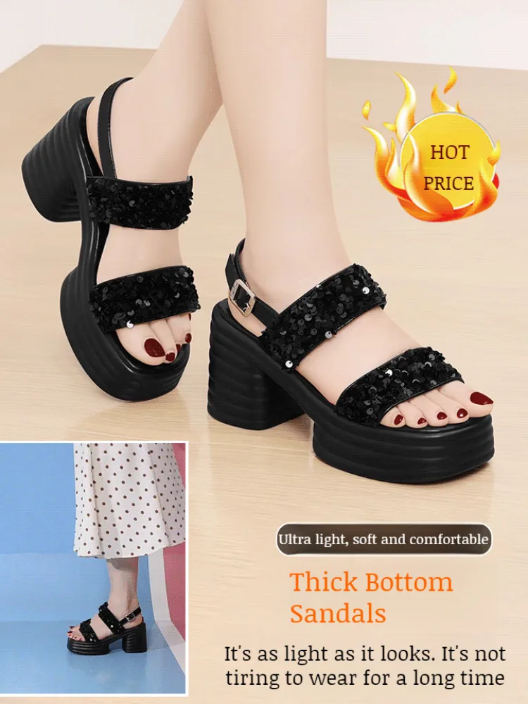 Comfortable and fashionable open toe heightening sandals for women fashion thick heel buckle sandals