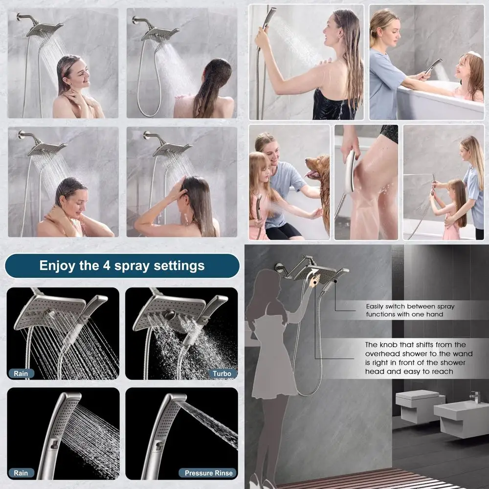 

Душевая система двойного назначения с фиксированными и портативными душевыми кабинами серого цвета и матовым никелем.