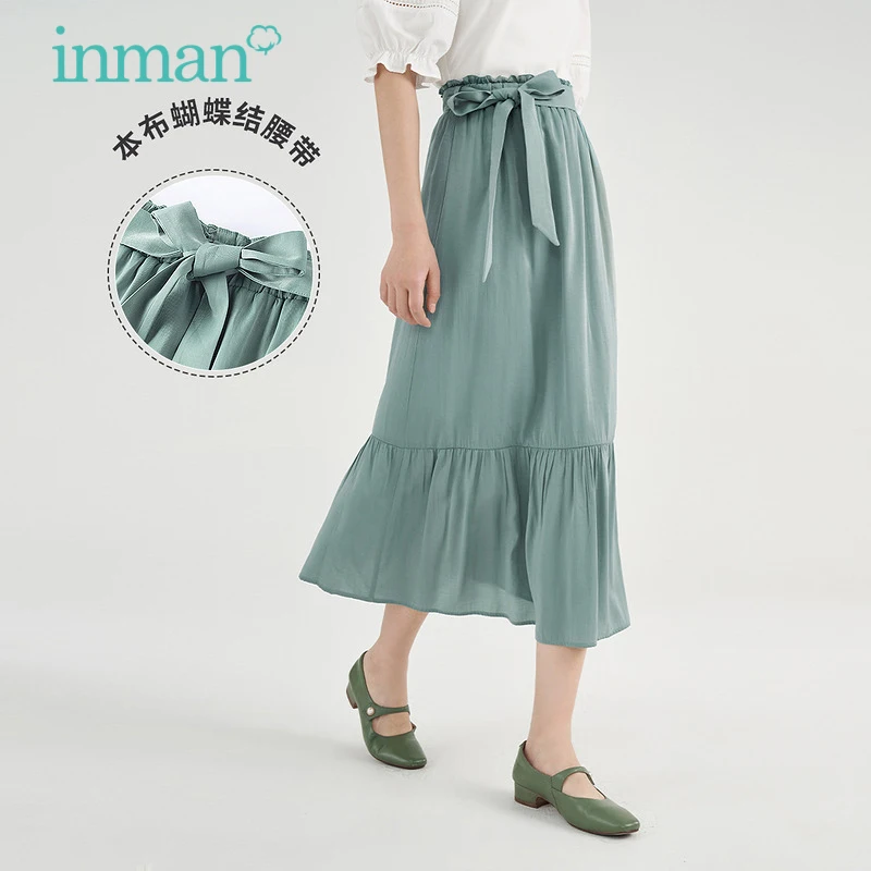 INMAN Elegant Spring Women's Skirt Casual A-line Literary Lotus Leaf Skirts For Women Loose Pleated Office Lady Skirt With Belt