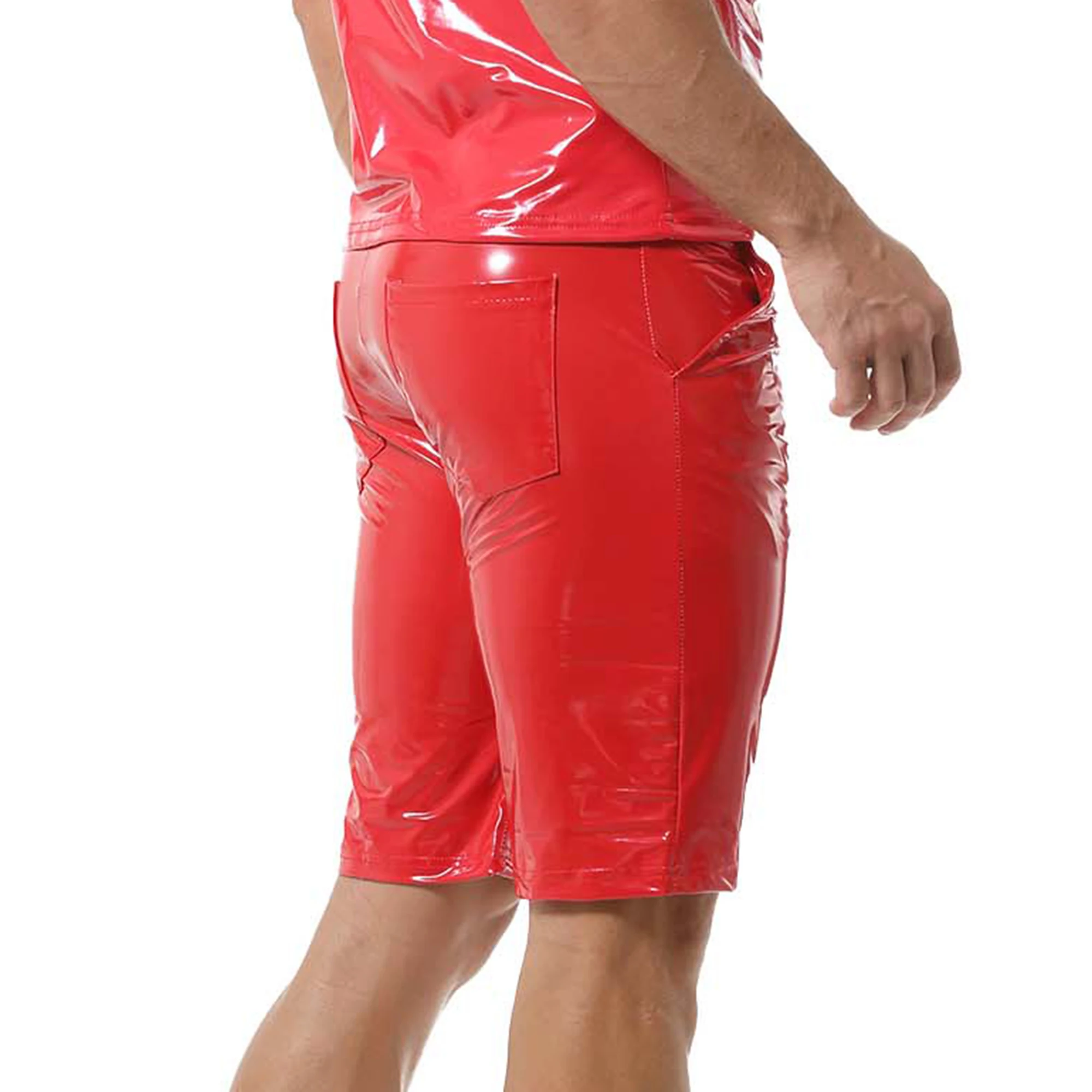 Pantalones Cortos de Moda para Hombre, Estilo Wet Look, de Cuero PVC Brillante, Ajustados, con Bolsillos, para Discoteca, Baile, Fiestas, Casuales