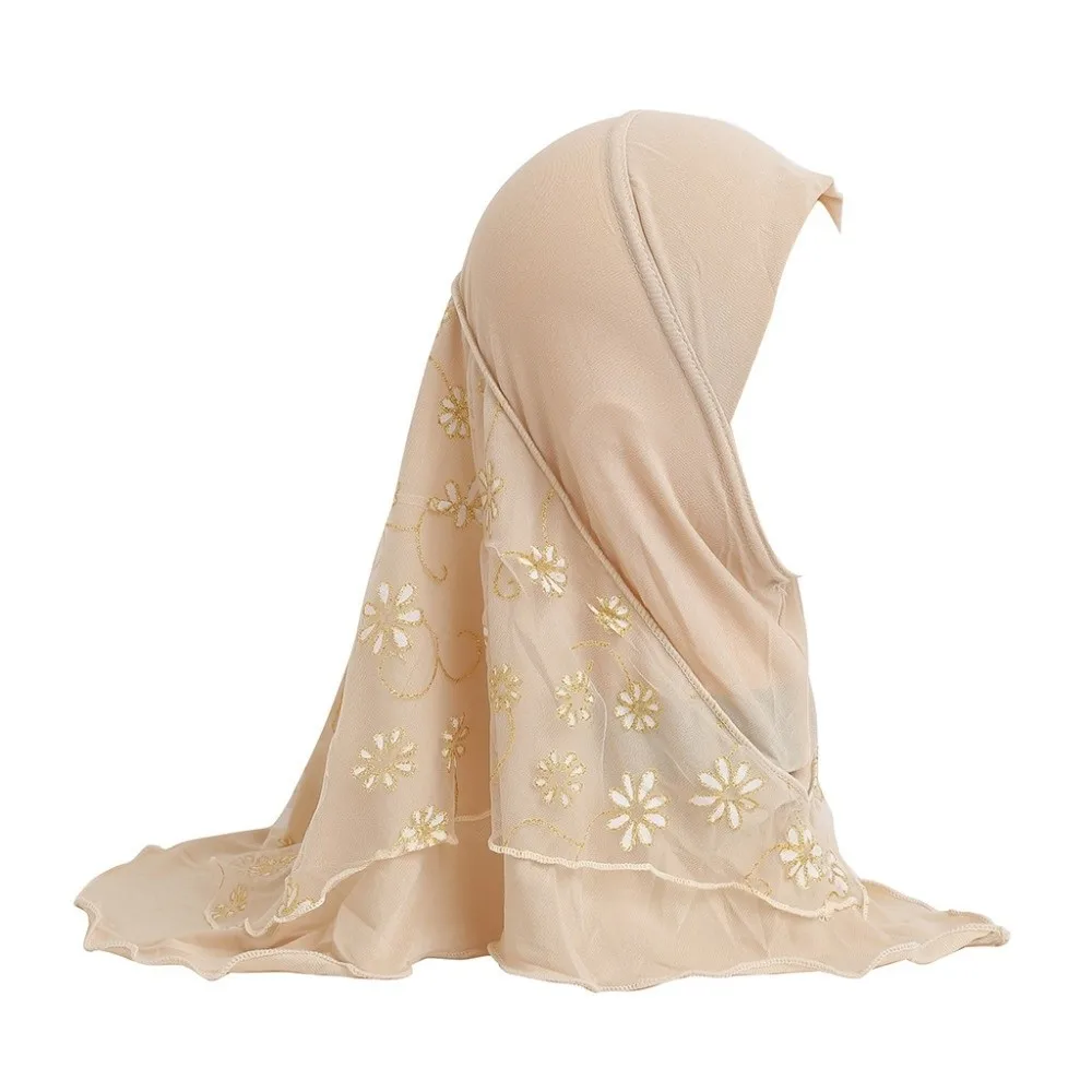 Headwrap Flower Net Small Girl Hijab Pull On Mesh Kids Turban Cap Cotton Elastic Solid Islamic Scarf Shawl 2-6 Years Old
