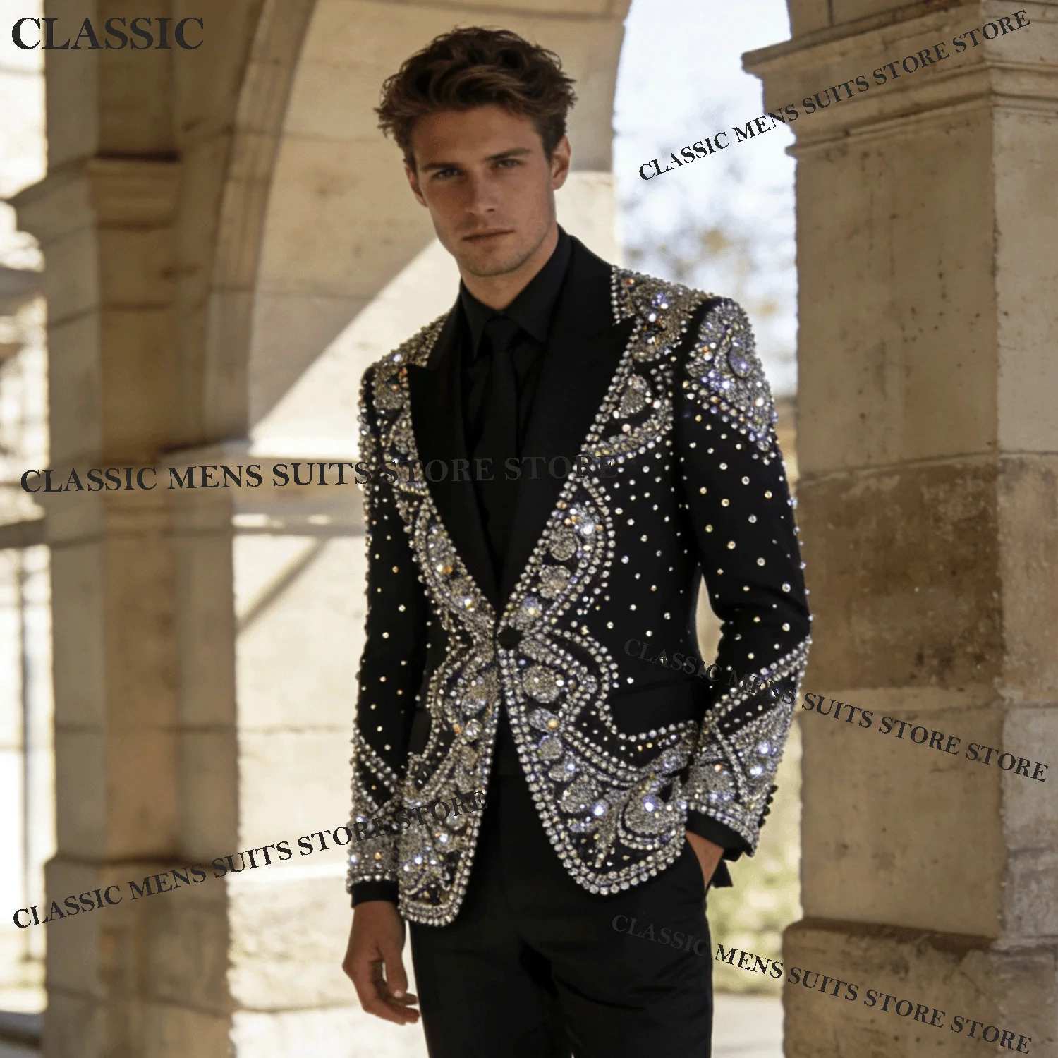 

Glitter Men Suits Metallic Jewelry Ornament Customized Tuxedo 3 Piece Wedding Groom Male Prom Blazer Slim Party Ternos Completo