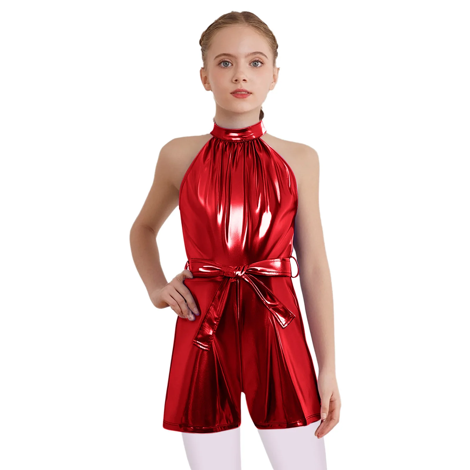 

Kids Girls Ballroom Tango Jazz Dance Jumpsuits Metallic Shiny Halter Sleeveless Rompers with Belt for Birthday Party Dancewear