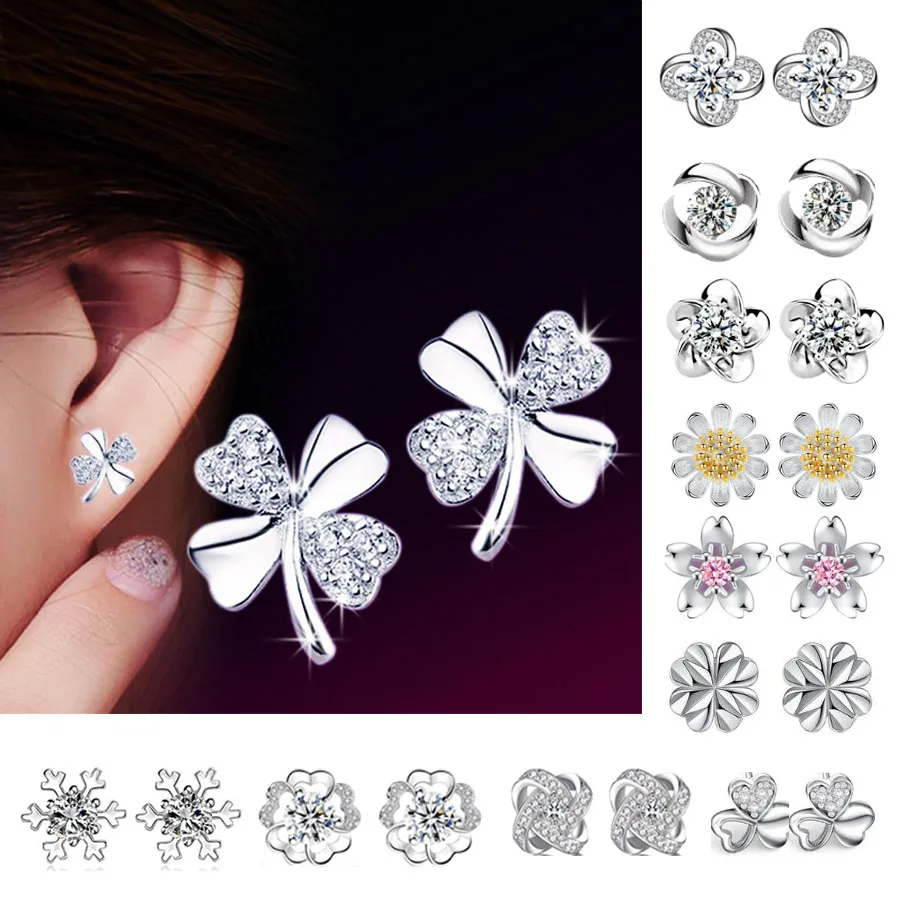 Stud Earrings Exquisite Four-leaf Clover Zircon Stud Earrings For Women Silver Color Earring Earings Jewelry Earing Brincos Gift