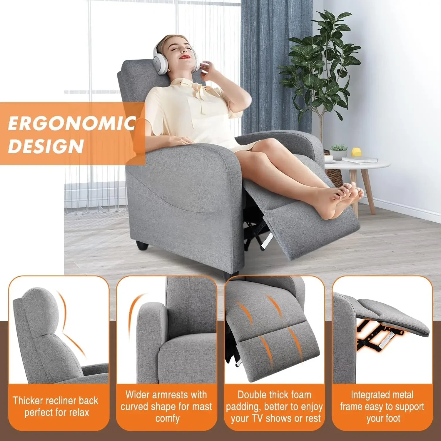 Sweetcrispy Recliner Chair for Adults, Massage Fabric Small Recliner Home Theater Seating with Lumbar Support, Adjustable Modern