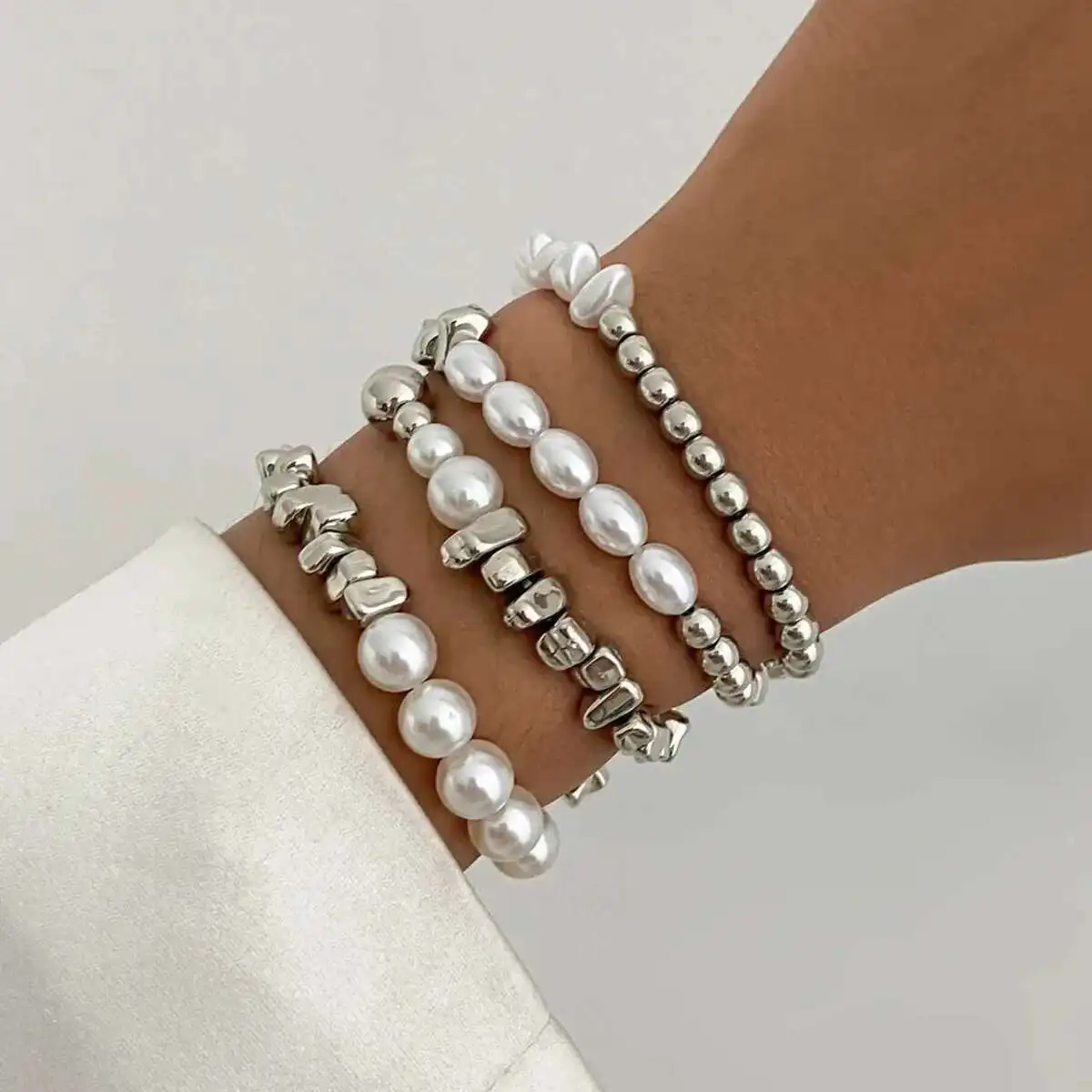 KunJoe 4 Pcs/Set Elegant Multi Layer Imitation Pearl Bracelet for Women Retro Irregular CCB Beaded Chain Bracelet Trendy Jewelry