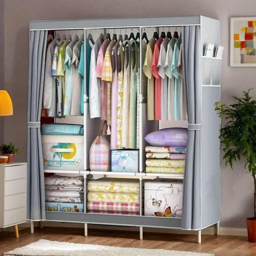 Simple Fabric Wardrobe, Metal & Plastic Bedroom Closet, Sturdy Steel Frame, Multi-Layer Storage Organizer for Dorm and Home Use