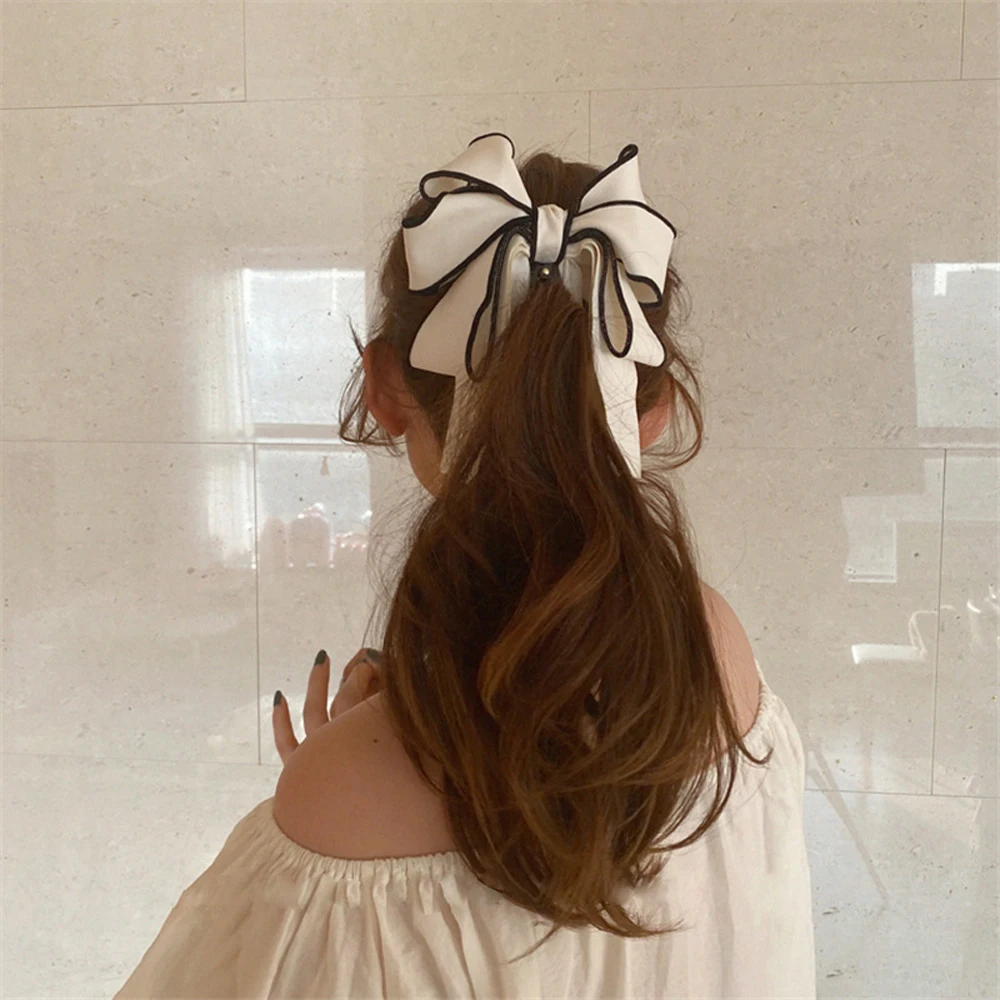 Temperament Sweet Solid Korean Pearl Mesh Ponytail Holder Banana Clip Vertical Clip Bow Hairpin