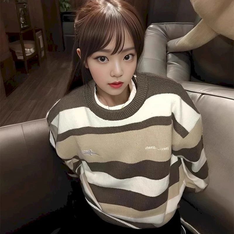 Harajuku Vintage Striped Oversized Sweaters Women 2024 Autumn Winter Korean Casual Loose Knitted Pullover Female Jumper Y2k Tops